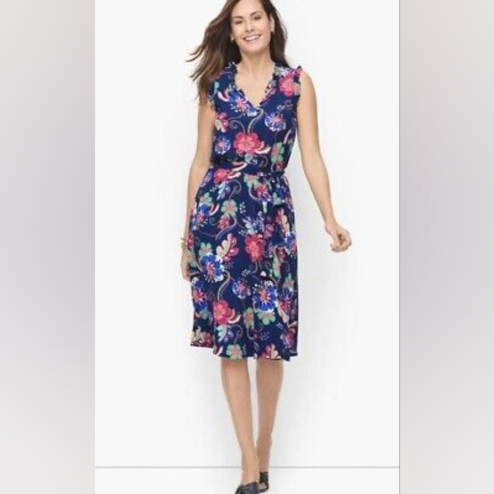 Talbots Womens Blue Pink Floral Fit Flare Midi Dress Sz 8 Feminine Preppy Chic